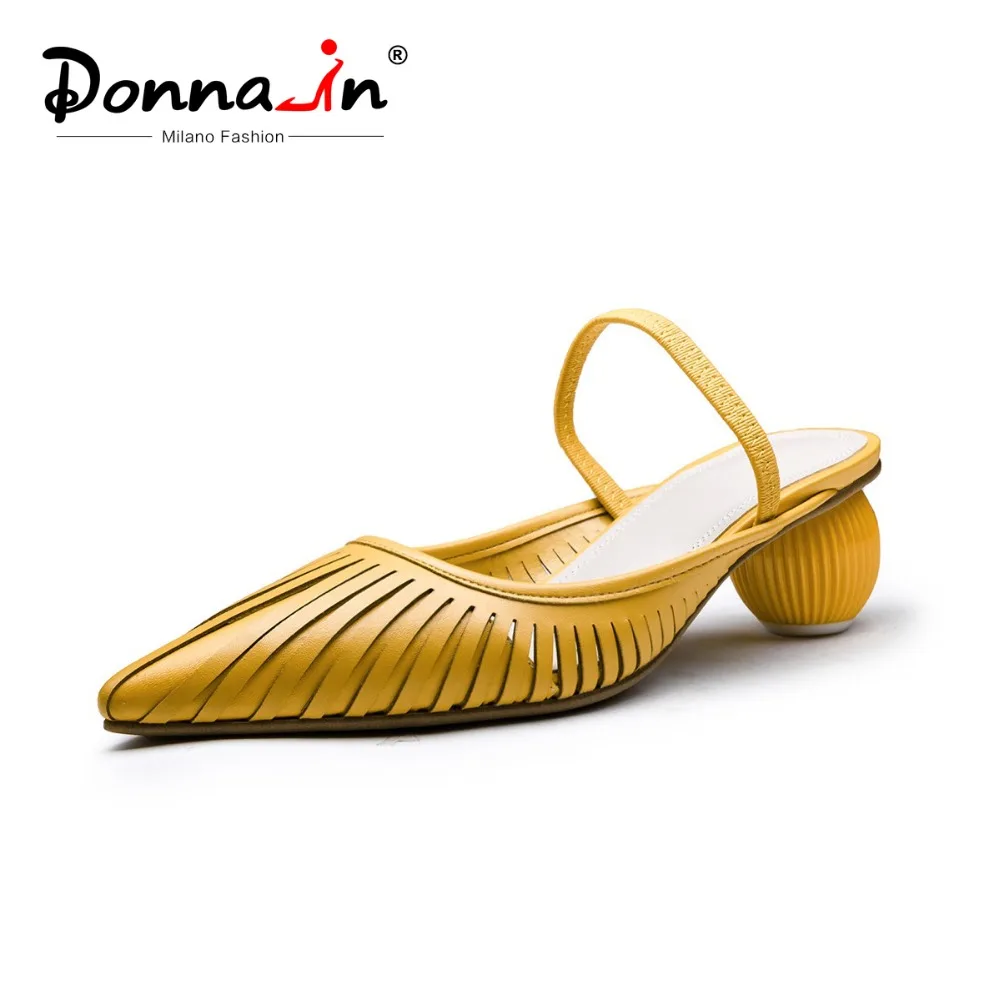 

Donna-in 2019 New Fashion Sandals Women Mules Slippers Genuine Leather Strange Block Heel Women Summer Shoes Hollow Pointed Toe