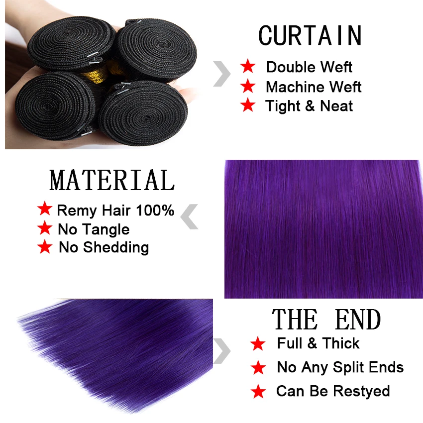 Ombre 3 Bundles With Frontal Brazilian Straight Human Hair Bundles With Closure Color 1BPurple LeModa Remy Hair Extension (2)