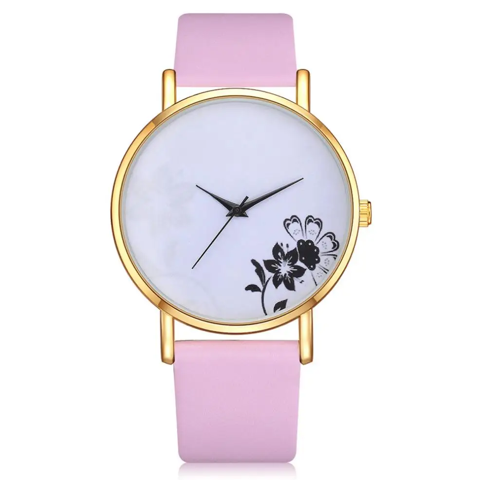 Fashion Women Analog Quartz Watch Flower Print Ladies Round Wrist Watch Simple Style Female