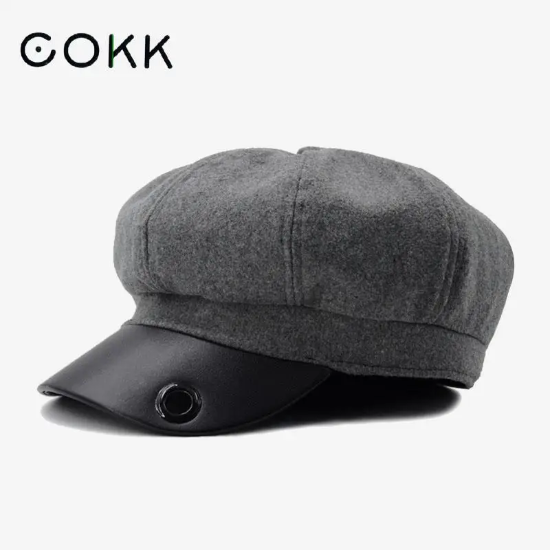 

COKK Winter Hats For Women Wool Beret Cap Knitted Hat Pu Leather Brim England Vintage Style Berets Female Winter Hat Gorro