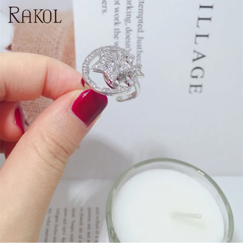 RAKOL новые модные кольца с фианитами и Луной звездами вращающиеся Открытые Кольца