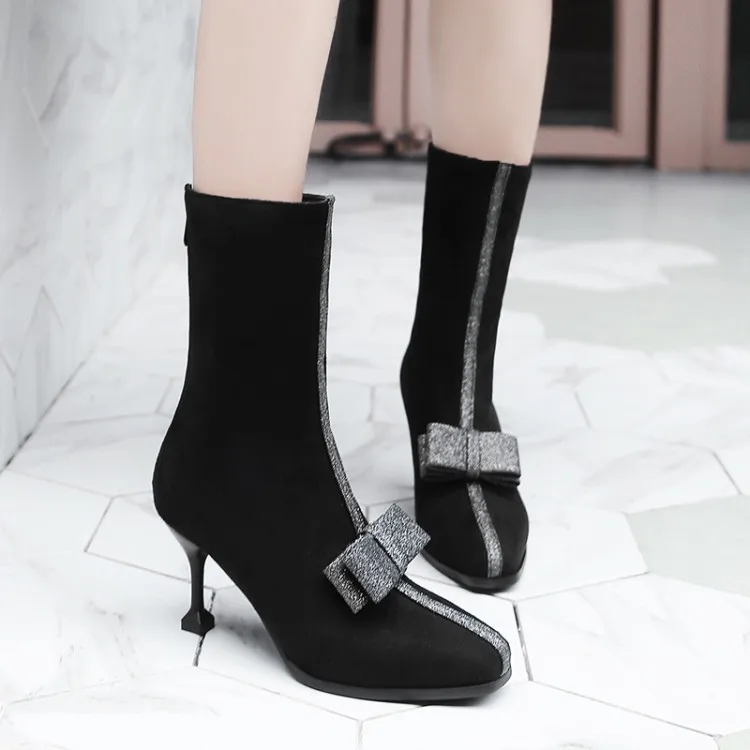 

Big Size 11 12 13 14 15 Square-headed Fine-heeled Wine Cup with Back Zipper and Butterfly Bottom Boots and Crus Fashion Boots