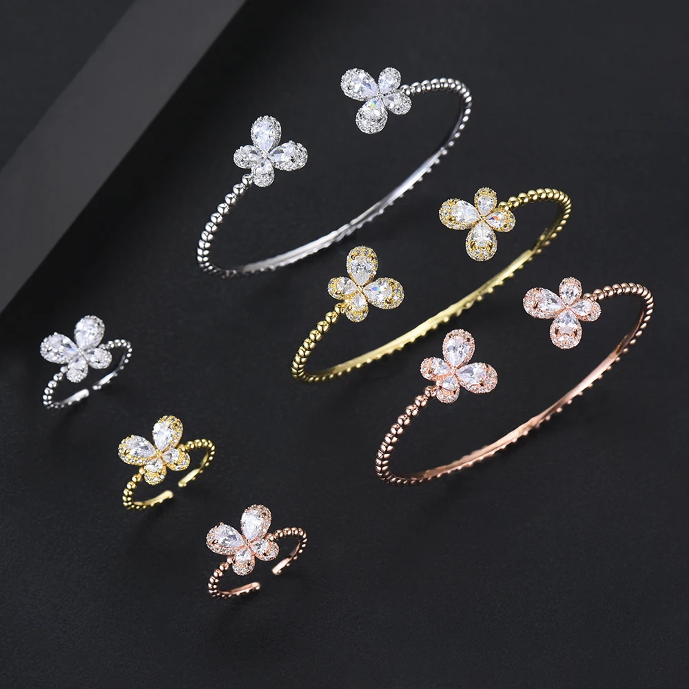 

6 PCS Shiny Micro Cubic Zirconia Paved Charm Openning Bangle Ring Jewelry Set Bridal Wedding Anniversary Party Accessories