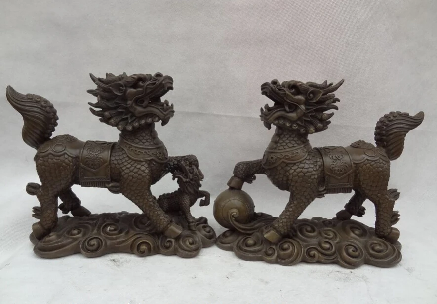 

song voge gem S3803 12" Chinese Pure Bronze FengShui Wealth Dragon Kylin Ball Statue Beast Pair