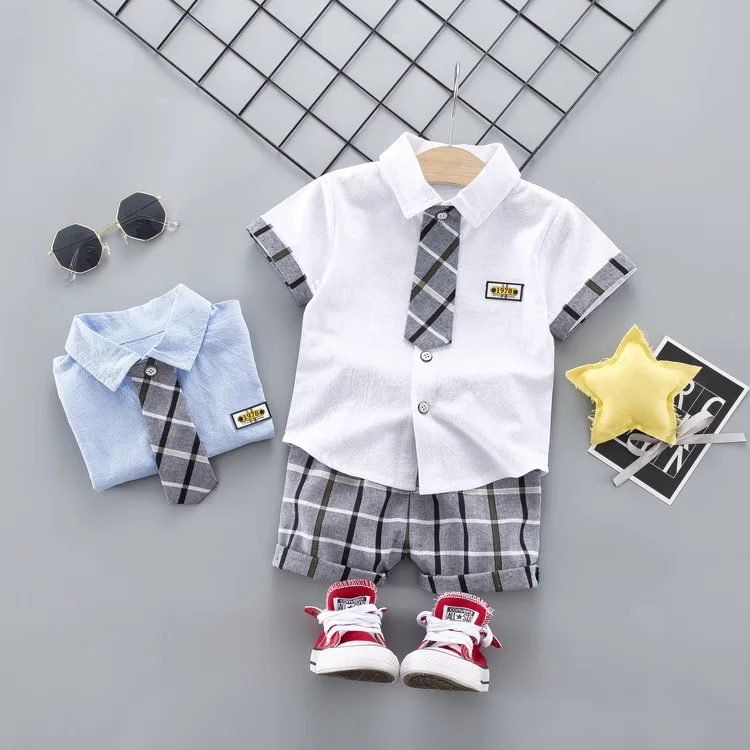 Комплекты одежды для маленьких мальчиков, летняя Модная рубашка для малышей+ короткие штаны спортивный костюм из 2 предметов для маленьких мальчиков, комплекты хлопковой одежды для новорожденных