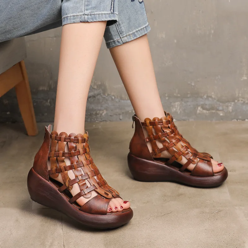 

Summer Original Handmade Leather Retro Open Toe Sandals Polish Thick Heel Luxury Shoes Women Designers Wedges Shoes for Women