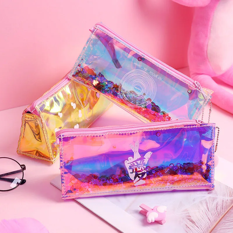 

Iridescent Laser Pencil Case Cute Magic Cool Transparent PVC Pencils Bags High Quality Stationery Pouch Office School Supplies