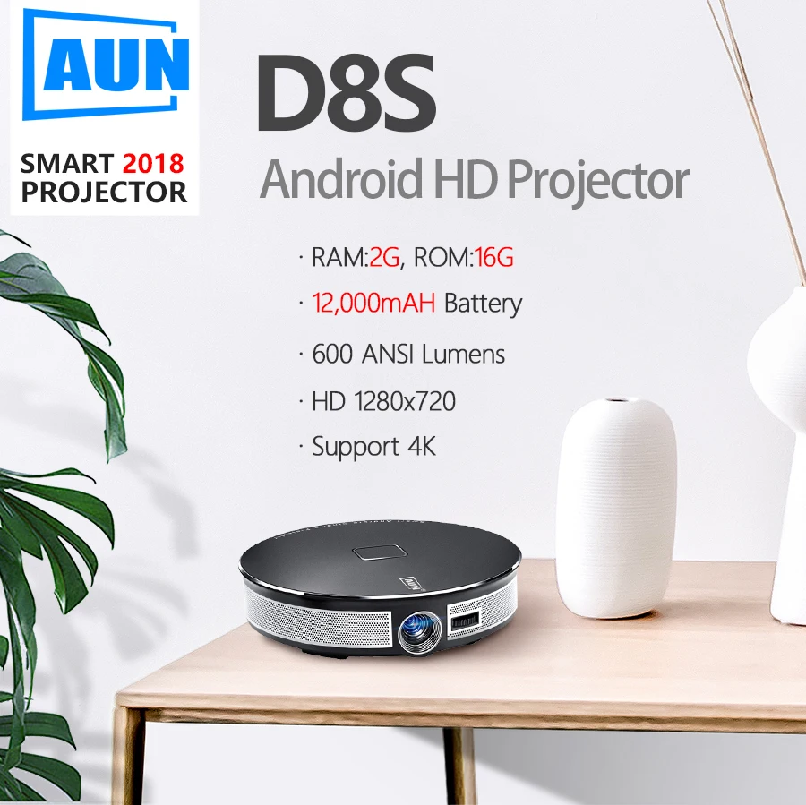 AUN 300 pulgadas proyector 2G + 16G 12000 mAH batería de la batería 1280x720 P. d8S Android WIFI Portátil 3D LED MINI proyector apoyo 1080 P 4 K - 2