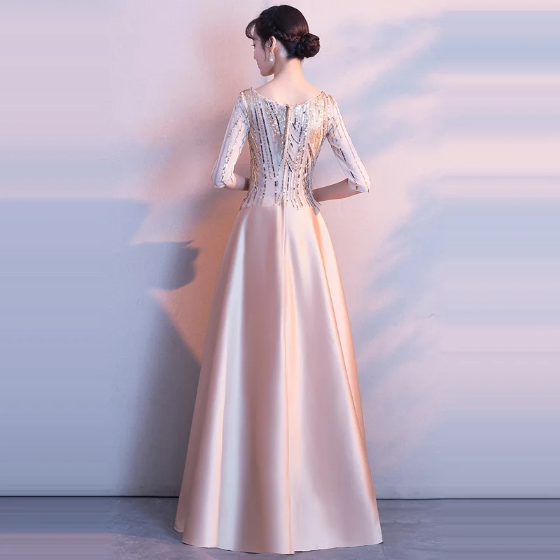 Это YiiYa длинное вечернее платье, элегантное, иллюзионное, блестящее, с О-образным вырезом, торжественное платье цвета шампанского, половина рукава, вечерние платья E029