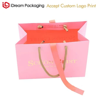 

Small Gold hot stamping logo matt paper bag with Silk Ribbon bowknot closed for Jewellry