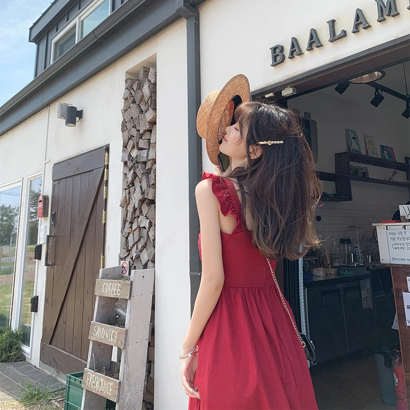 Mishow Красивое летнее красное винтажное платье на бретелях в корейском стиле. Новая летняя коллекция Повседневный стиль Материал полиэстер нейлон MX19B1197