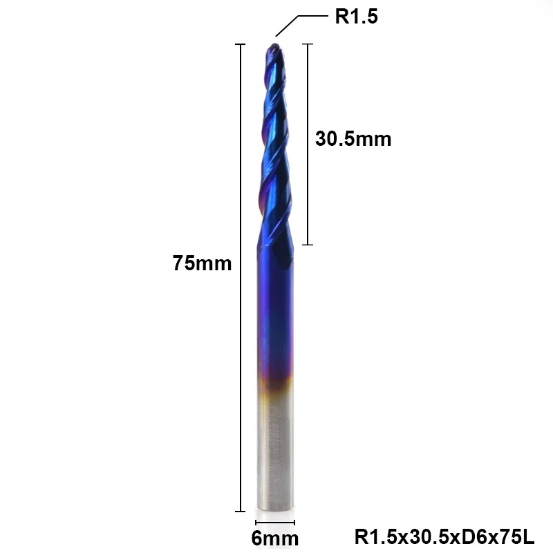 XCAN 1 шт. 6 мм хвостовик R0.25/R0.5/R0.75/R1.0/R1.5/R2.0 коническая сферическая Концевая фреза фрезерный станок с ЧПУ Гравировальный Бит концевой фреза - Длина режущей кромки: R1.5x30.5xD6x75L