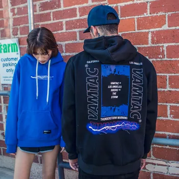 

Chic Brand Men's Autumn and Winter Ins Super Popular Hip Hop Top Lightning Printing Plus Velvet Hooded Sweatshirt Male