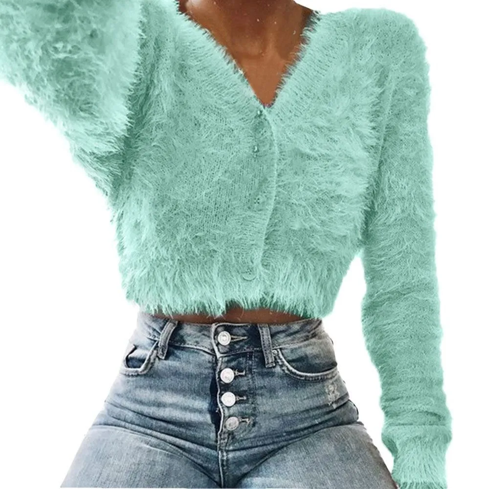 

2019 Winter Women Cardigan Sweater Casual Long Sleeve Female Mohair Sweater Cardigans Solid Slim Short Warm Sweater Cardigans