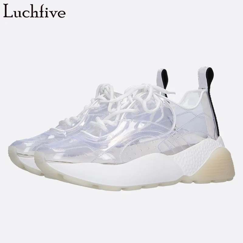 

Luchfive Clear Plastic Flat Shoes Woman Round Toe Thick Polyurethane Bottom Casual 2019 New Cross-Tied Sheepskin Insole Sneakers