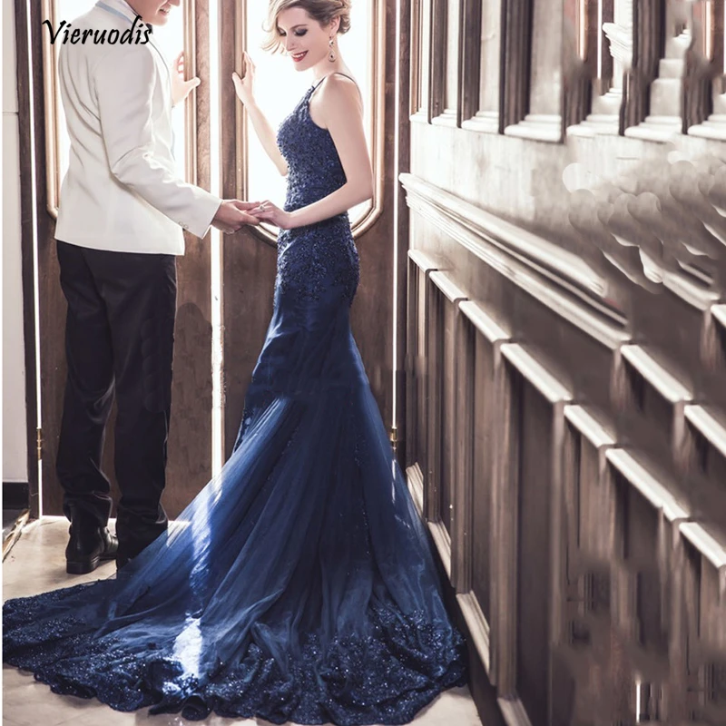 

Saudi Arabic Mermaid Lace Evening Dresses Navy Blue Long Prom Gowns Sexy V-neck Formal Evening Gowns Crystal 1