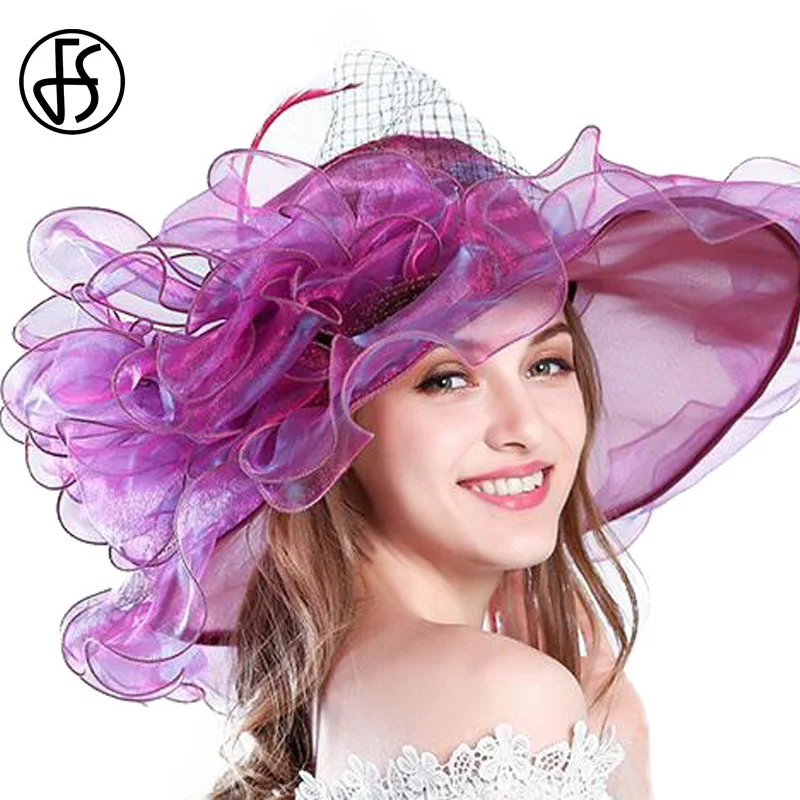 

[FS] 9 Colors Fashion Summer Organza Sun Hats For Women Elegant Laides Church Vintage Hat Wide Large Brim With Big Flower