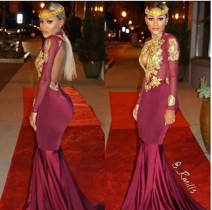 

New Arrival Gold Lace Applique Mermaid Long Prom Dresses 2019 Full Sleeves Sexy Backless Formal Party Gowns vestido de baile