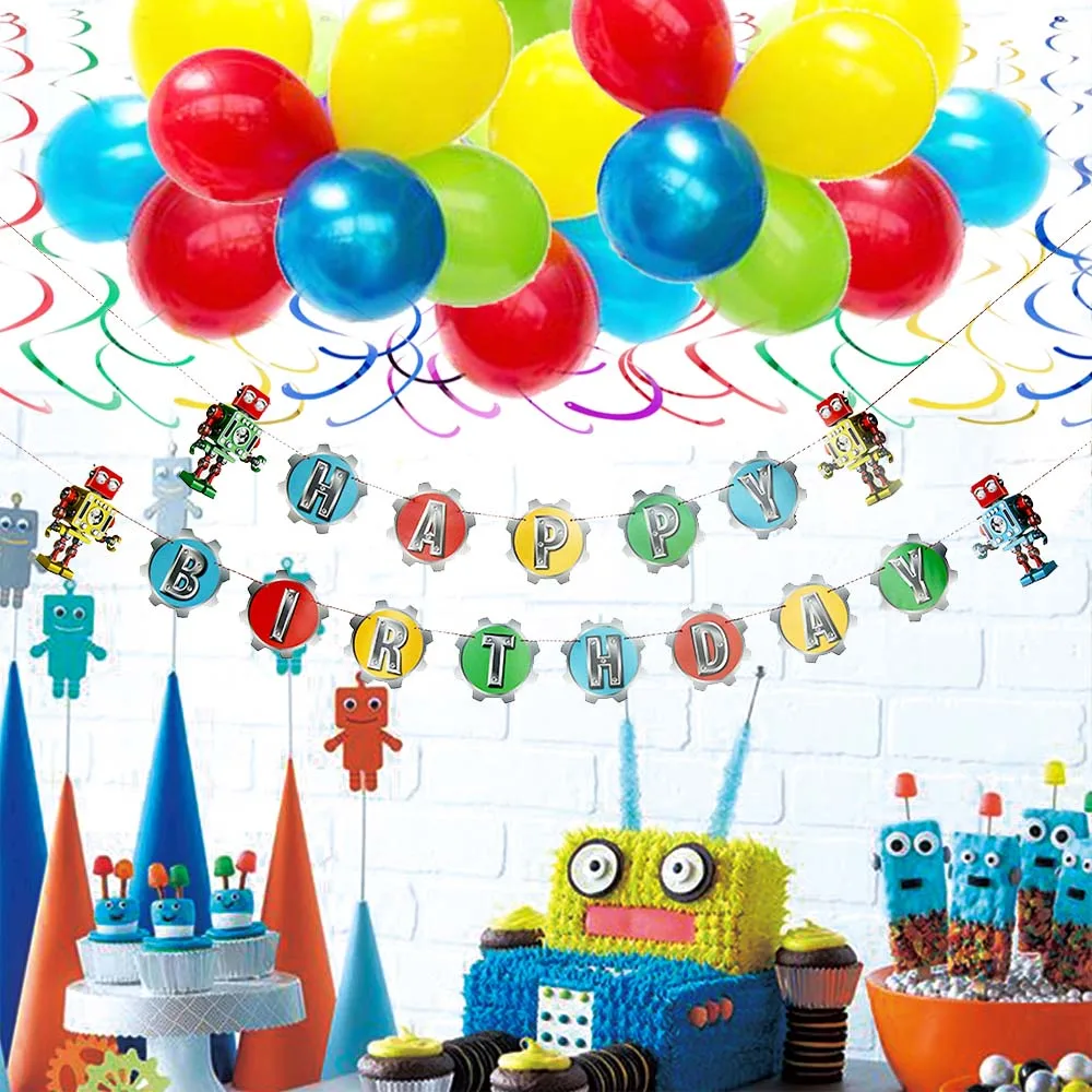 

Robot Theme Birthday Party Decor Rainbow Colorful Latex Balloons Happy Birthday Banner Hanging Foil Swirl Mechanical Gear Party