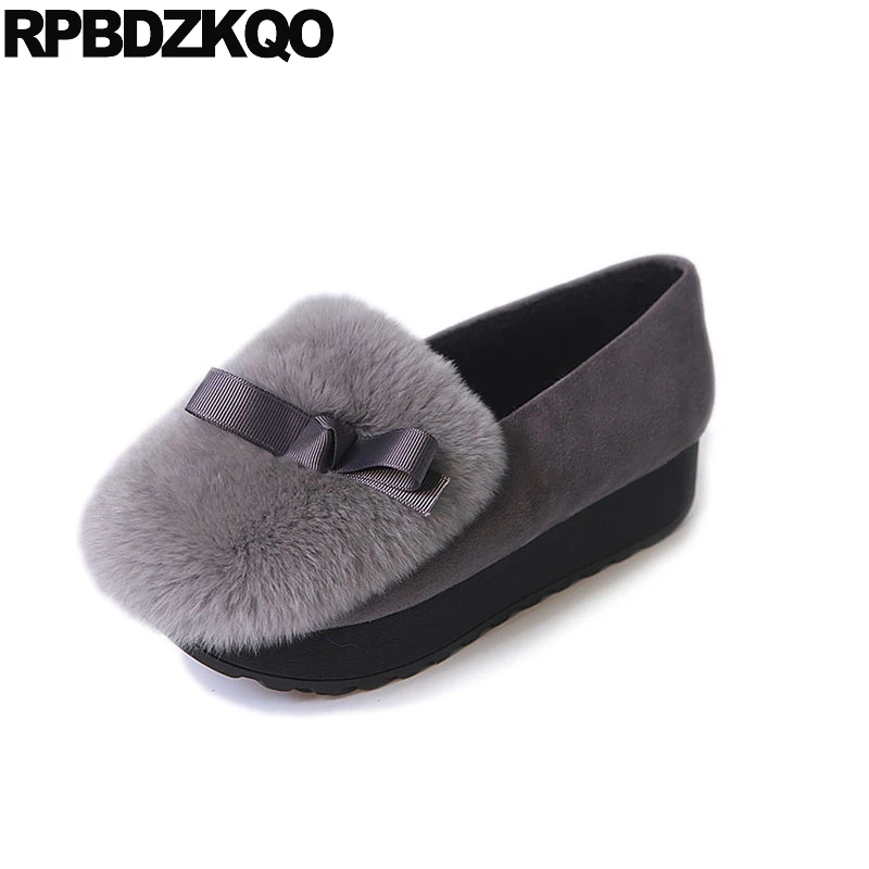 

fur winter gray thick sole kawaii grey muffin creepers round toe women rabbit bow elevator designer shoes china platform suede