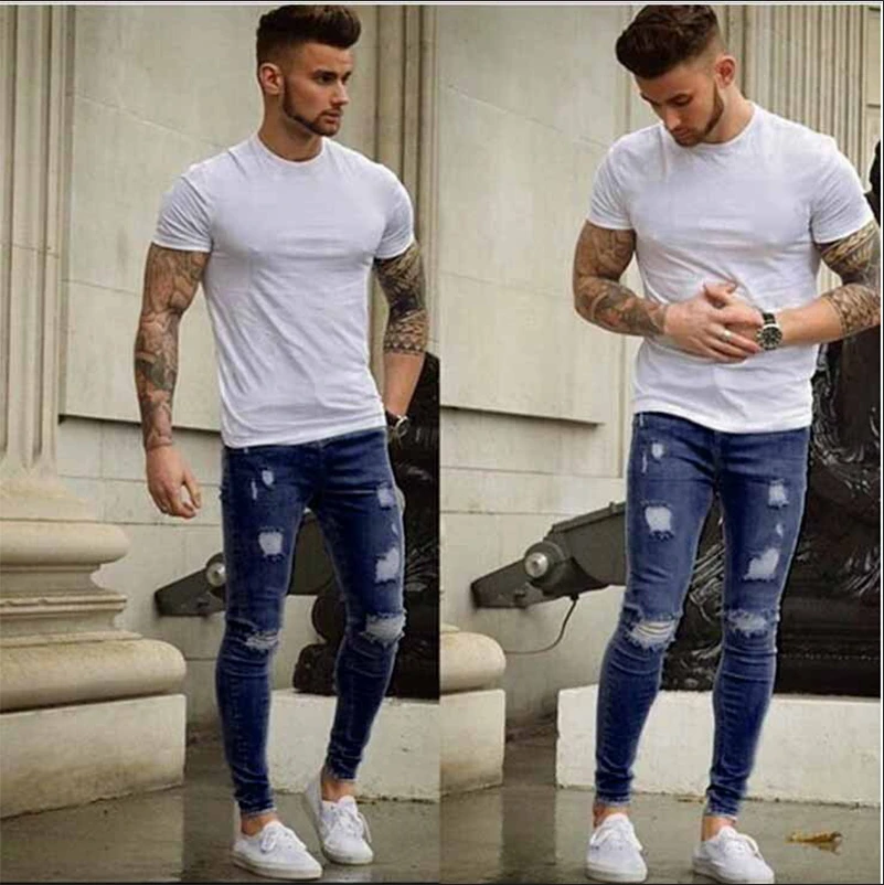 Skinny Jeans Men Hip Hop Stripe Elastic Slim Fit Denim Pants  Male  Bottoms street Knee Ripped Holes Jean Stretchy Pencil jeans