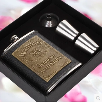 

8Oz JD Leather Hip Flask Leather Russian Painting Portable Stainless Steel Hip Flask Bottle Small Gift Box Sent Funnel BJJ319