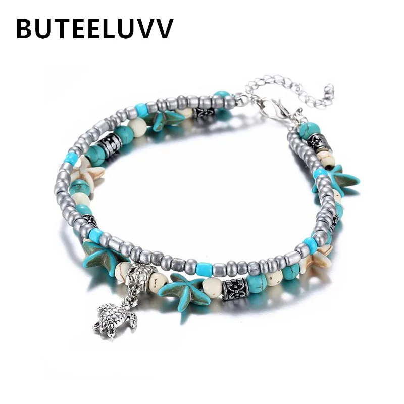

BUTEELUVV Bohemian Beads Ankle Bracelets for Women Ethnic 2 Layers Chain Starfish Tortoise Turtle Anklets Beach Foot Jewelry