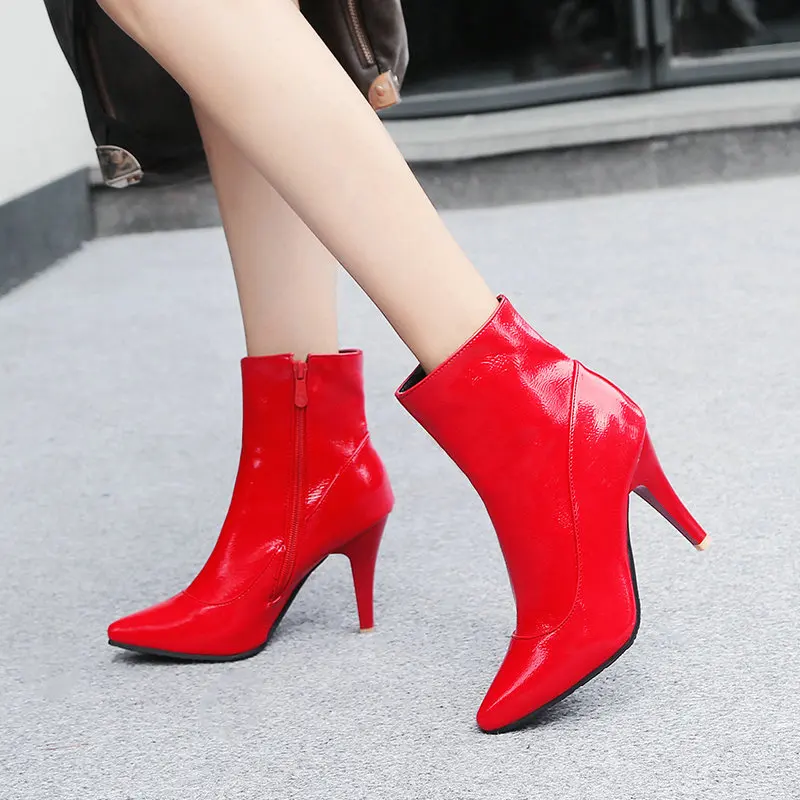 

Women Fashion Zipper Boots Pu Leather Thin High Heel Ankle Boots Pointed Toe Autumn Winter Woman Shoes Plus Size 2018 Boots