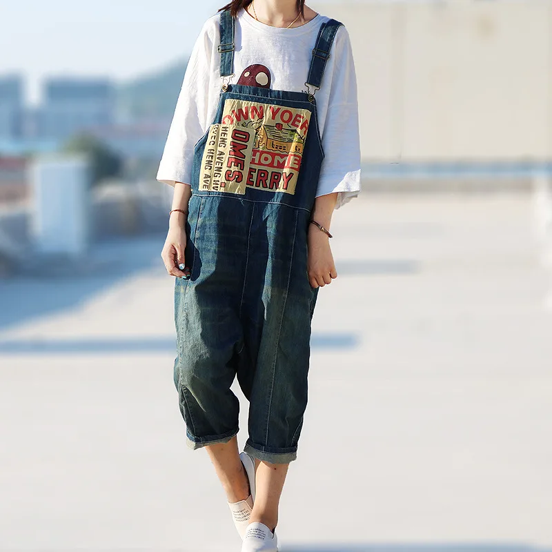 

Women Appliques Denim Jumpsuits Ladies Rompers Denim Ankle-Length Denim Overalls Ripped Bleached Pants Trousers 2017