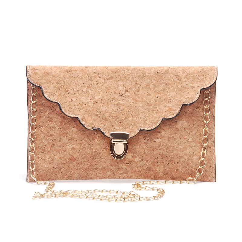 

Customization New Scalloped Full Cork Clutch Purse Bag Hasp Closure Women Crossbody Bag With A long Golden Chains