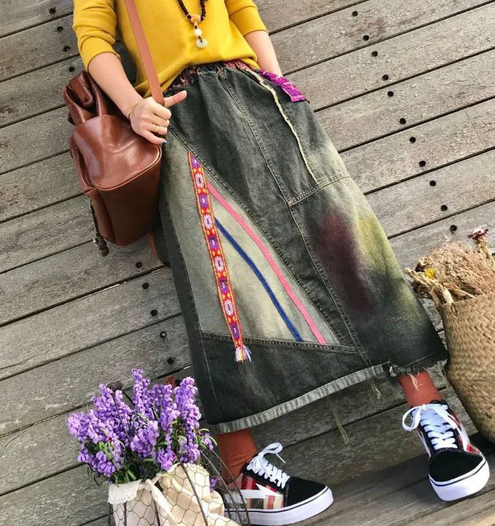 

Original spring new literary retro embroidered patch edging tassel denim skirt long skirt female tide
