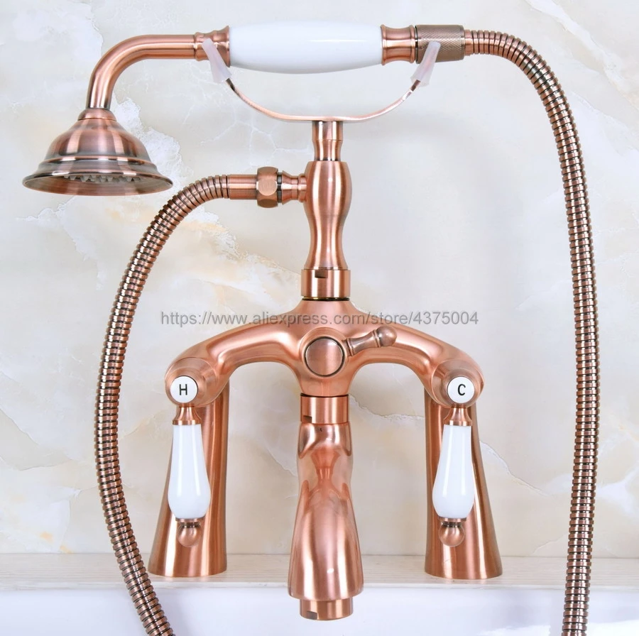 Deck Mounted Bath Tub Faucet With Hand Shower Bath Faucet Antique Red Copper Bathroom Shower Faucet Set Nna166