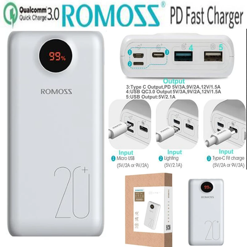 

Romoss 20000mah Power Bank PD Quick Charge 3.0 20000 mah Powerbank QC 3.0 18W 9V 12V for iPhone Xiaomi Samsung S10 S9 Huawei P10