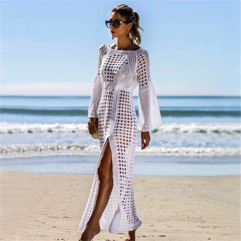 

Crochet Tunic Beach Dress Slit Hemline Cover-ups Sexy Hollow Out Knitted Swimsuit Cover Up Long Sleeve Summer Women Beachwear