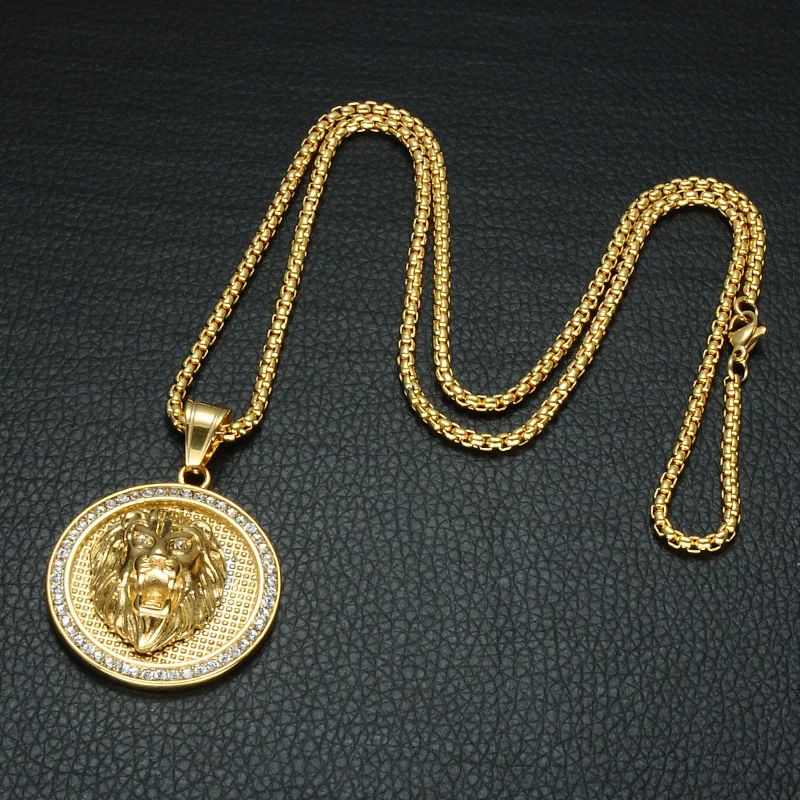 Хип хоп лед из золота Цвет Титан Нержавеющая сталь проложить Стразы Подвески в виде головы льва ожерелья для мужчин ювелирные изделия