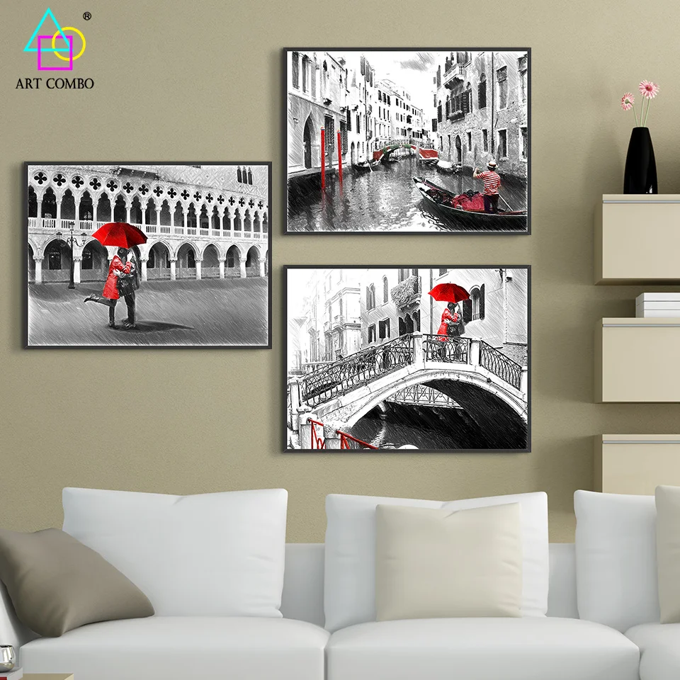 Modern Creative White&ampBlack With Color Venice Landscape Painting Wall Art Picture Home Decoration Posters Unique KT052 | Дом и сад