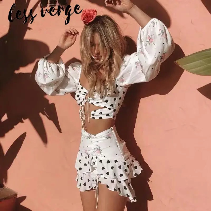lessverge Floral heart print long sleeve two piece set Slash neck zipper white crop top camis Ruffles casual prairie mini skirt lessverge Floral heart print long sleeve two piece set Slash neck zipper white crop top camis Ruffles casual prairie mini skirt