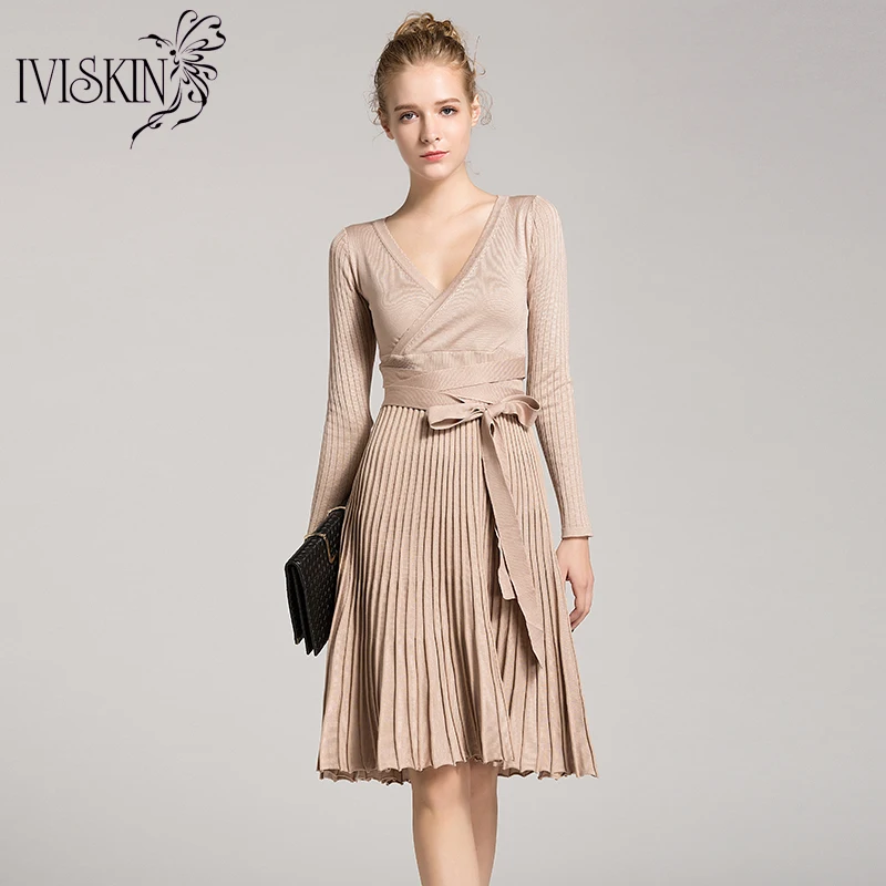 New Women Slim Knitted Dress Spring Pleated Dresses Hight Elastic