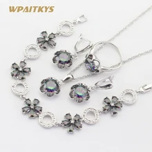 Серебряные Ювелирные наборы для женщин, разноцветные радужные кристаллы, ожерелье, кулон, браслеты, серьги, кольца, подарочная коробка