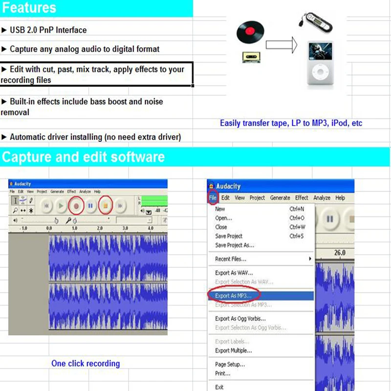 Профессиональный USB аудио Захват MP3 WMA WAV OGG преобразователь Регистраторы редактировать аудио MP3 записанных файлов в форматах ПК