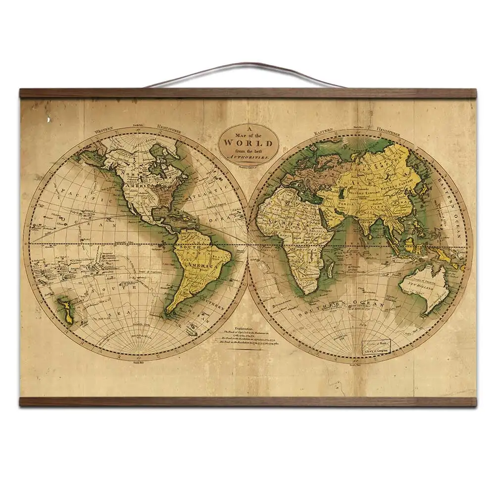 Старинная карта мира на холсте художественные плакаты и принты с твердой деревянной подвеской свиток настенные картины для гостиной - Цвет: Фиолетовый