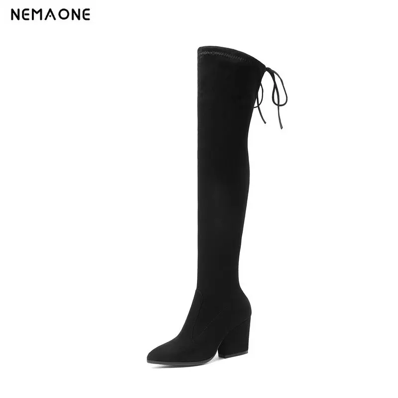 

2019 New suede Leather Women Over The Knee Boots Lace Up Sexy thick High Heels Women Shoes Winter Boots Warm Size 34-43