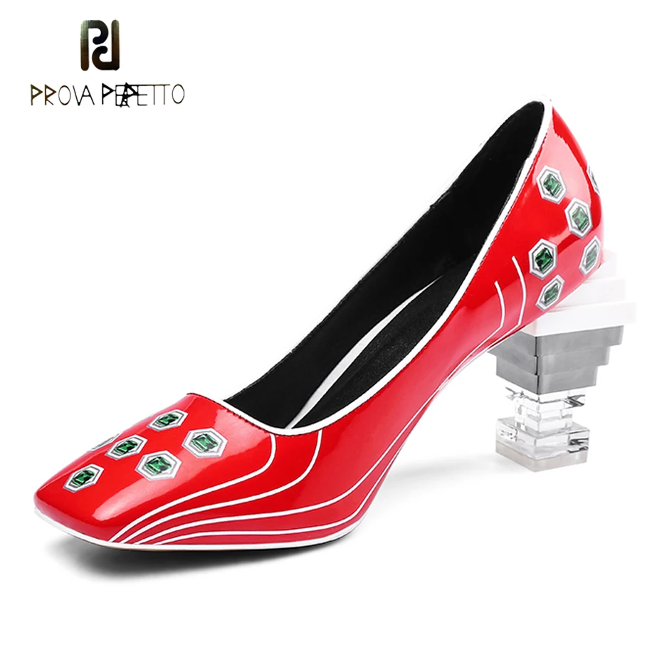 

Prova Perfetto fashion new transparent strange heel women pumps red blue patent leather print square toe ladies party dress shoe