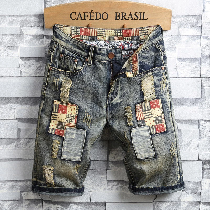 Summer Europeans Style Men Fashion Patchwork Beggar Slim Denim Short Vintage Ripped Hole Man Personal Causal Special Jeans Short