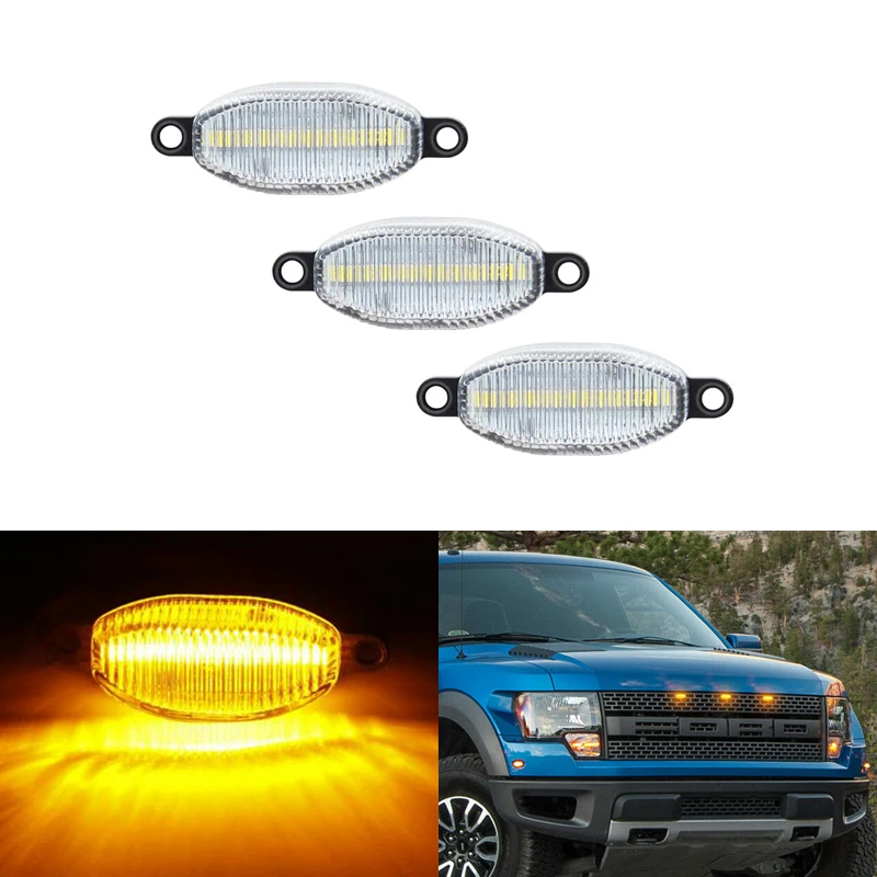 

3x Clear Amber Led Front Grille Running Marker DRL Lights For Ford F150 F-150 SVT Raptor 2010-2014 2017- Car-Styling
