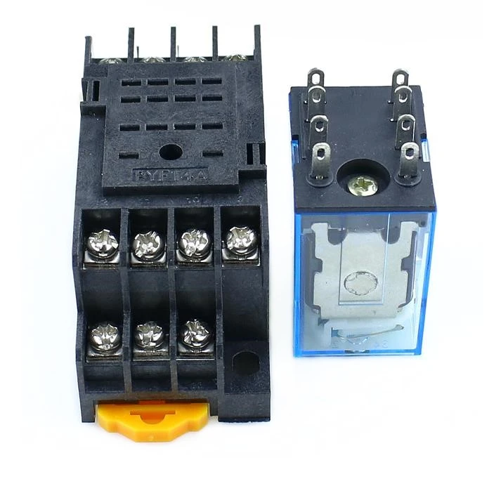Billige 5 stücke MY4NJ 12 v 24 v 110 v 220 v Spule 5A 4NO 4NC Grüne Led anzeige Power relais Din schiene 14 Pin relais mit sockel basis