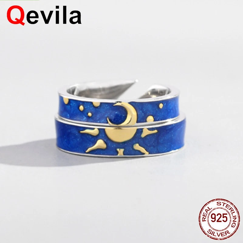 

Qevila Real 925 Sterling Silver Rings Moon and Sun lover Ring for Women Couple Engagement Unique Ring Jewelry Gifts Female Boho