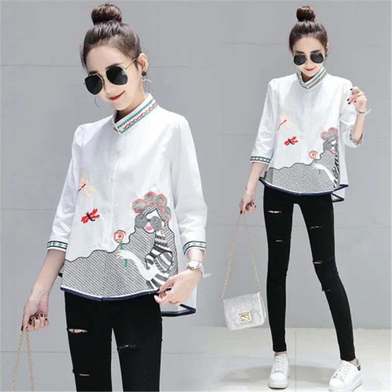 

Spring Summer New 2019 Women Sweet Stand Collar Floral Embroidery Cotton Shirts Blouses Three Quarter Sleeve Plus Size Tops