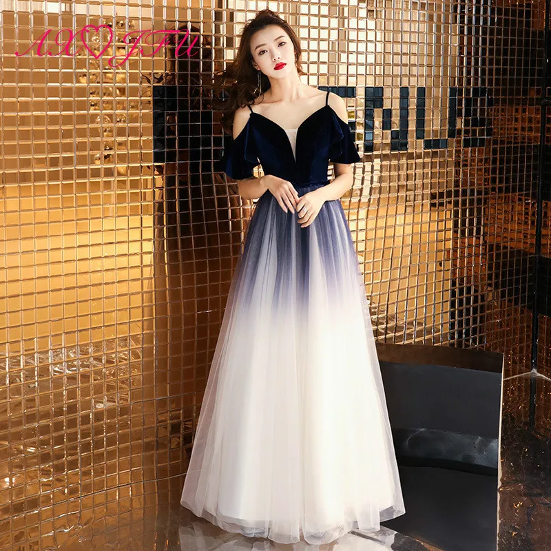 

AXJFU luxury princess navy blue Flannelette white lace evening dress vintage party ruffles boat neck blue lace evening dress