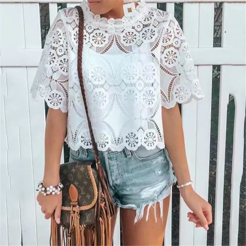 

Women elegant embroidery hollow out white blouse short sleeve stand collar female 2019 casual wear top blusas